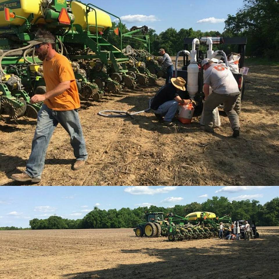 Pesticide agents checking levels while a farmer operates a tiller